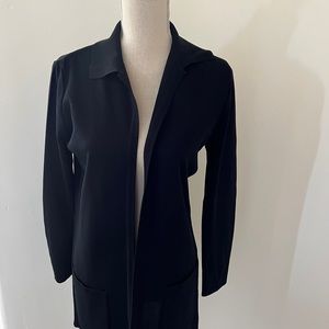 Plein Air knit open front cardigan/jacket, black ponte, long sleeve, collared,XS